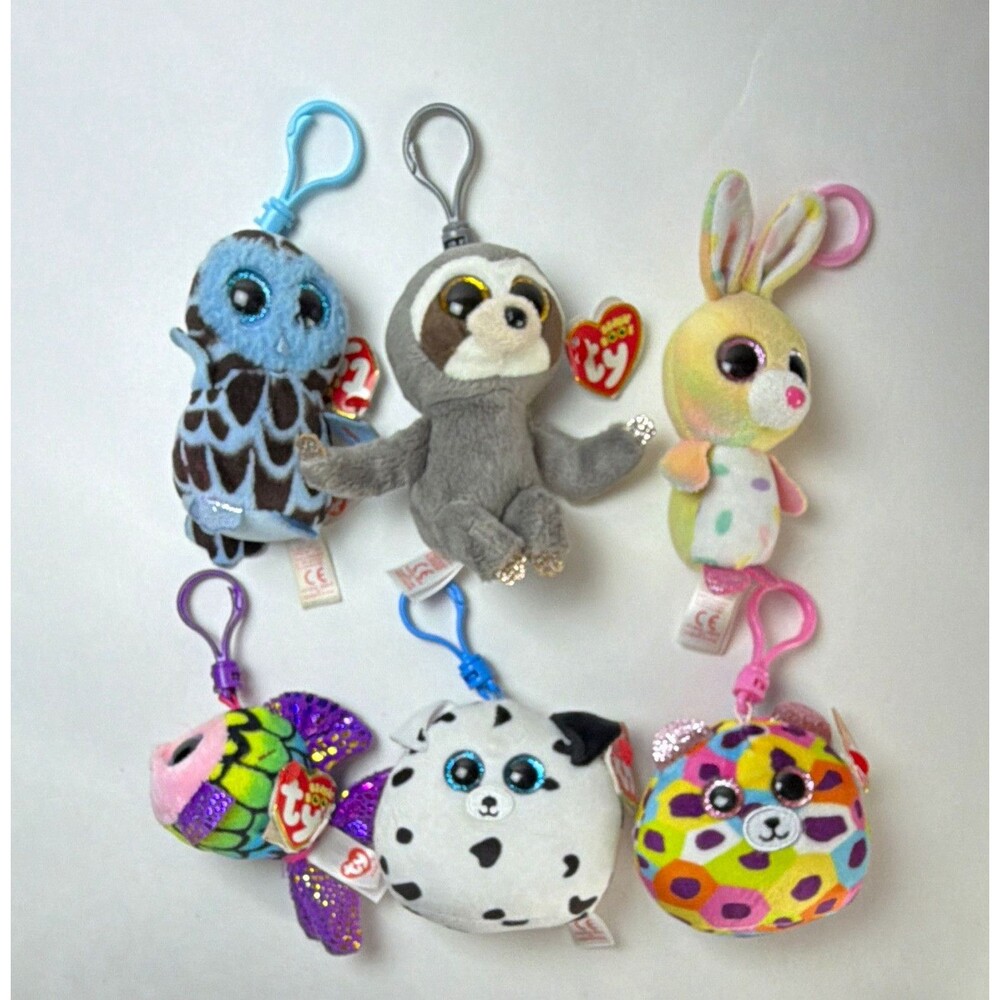 Ty Beanie Boos Clip-On Plush Keychain Lot of 6 Fish Sloth Bunny Owl Dog Cat